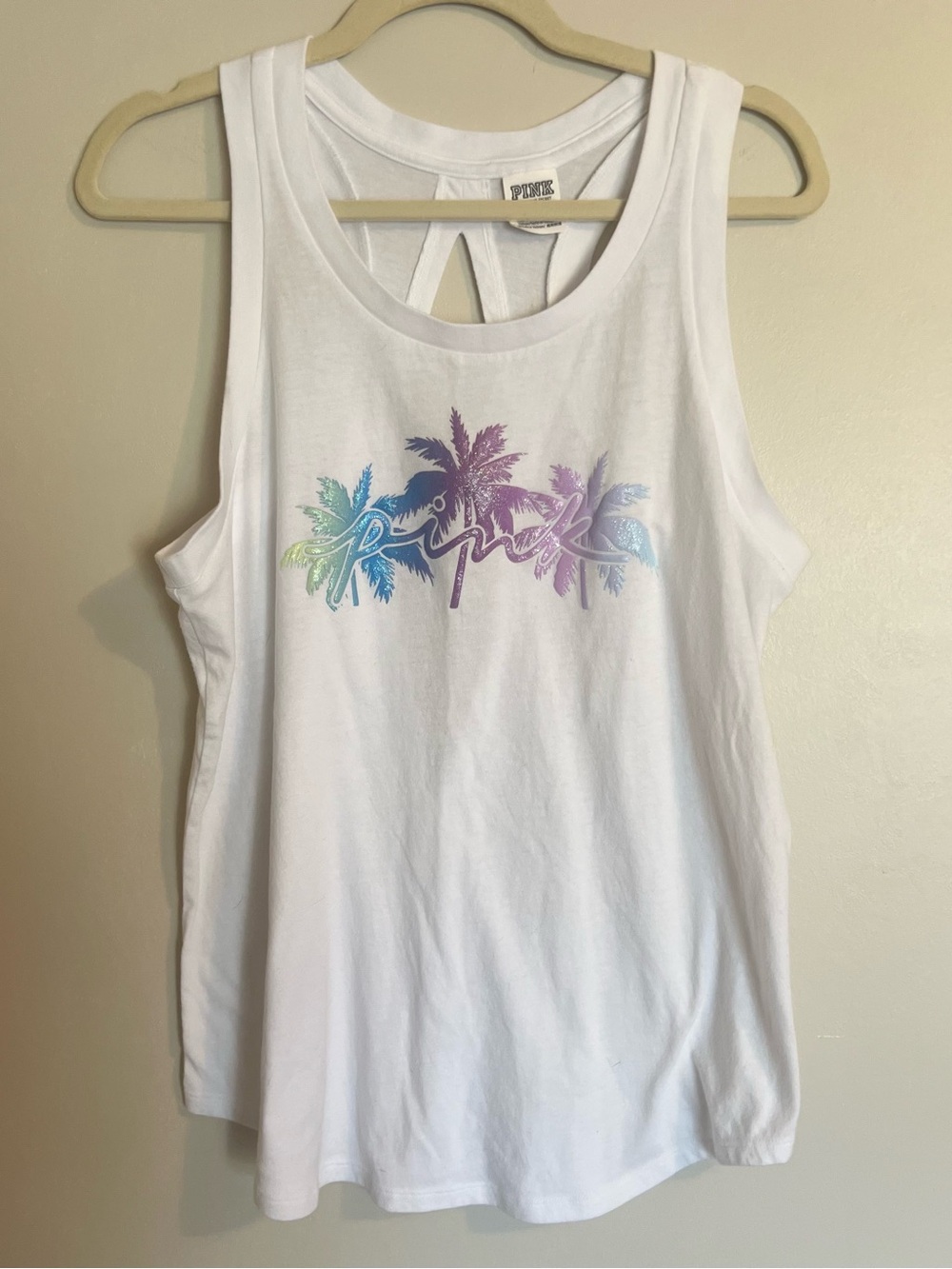 PINK Victoria's Secret White Tank with Pastel Palm Graphic